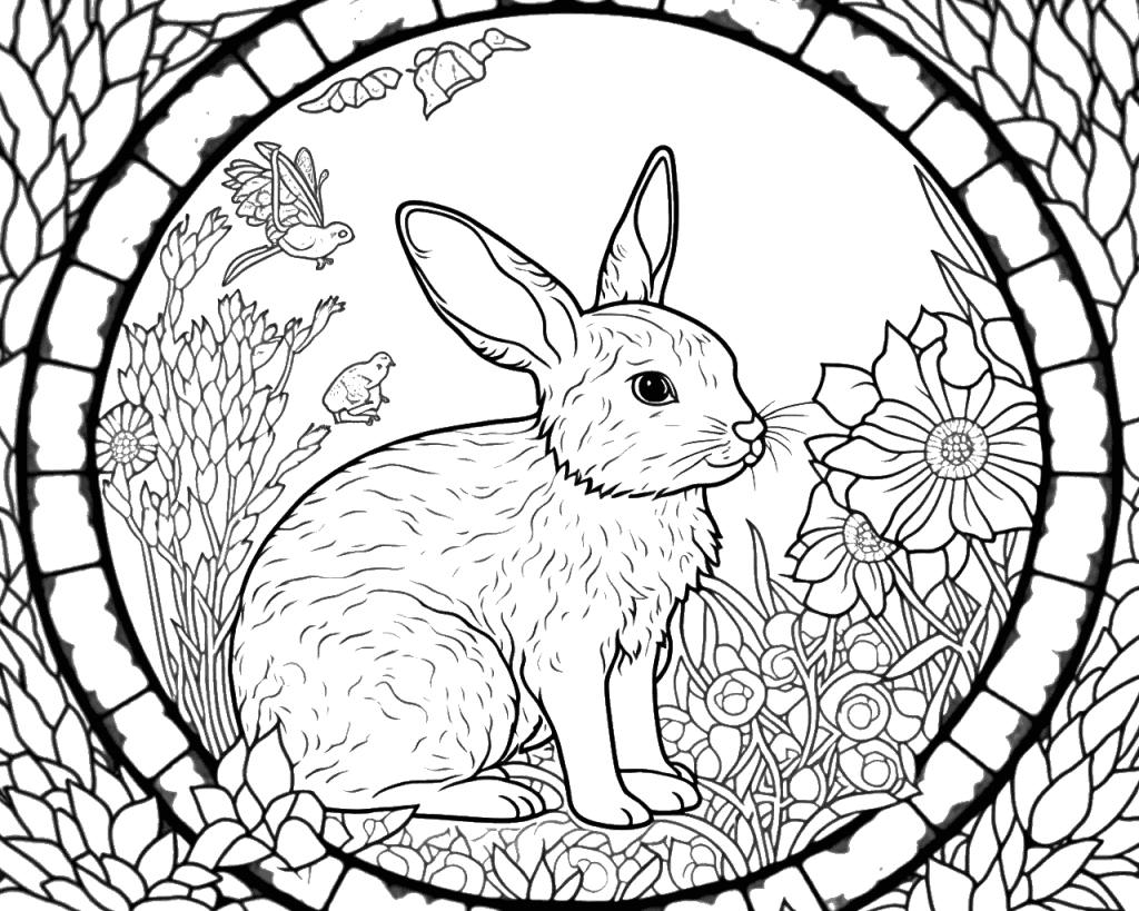 Színező egy kerek keretben ülő nyúllal virágok és madárkák között